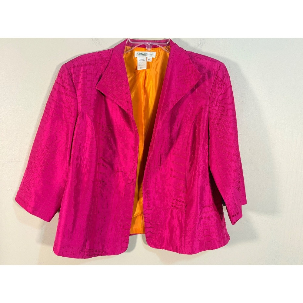 Coldwater Creek Womens Pink 100% Silk Embroidered Open Front Blazer Petite Large